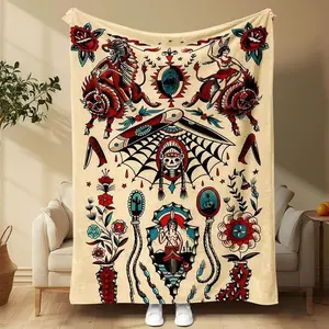 Vintage Tattoo Pattern Blanket, 1 Count Soft Refresh Cool Bedroom Throw, Bedroom Essentials for Home Office Travel