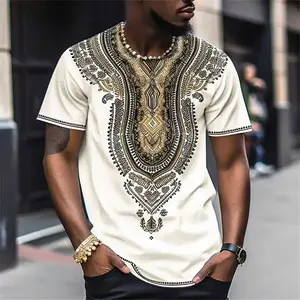 Men's Vintage Navajo-Style Print Short-Sleeve T-Shirt – American Western Tribal Geometric Pattern Crew Neck – Casual Loose-Fit Plus-Size Vacation To