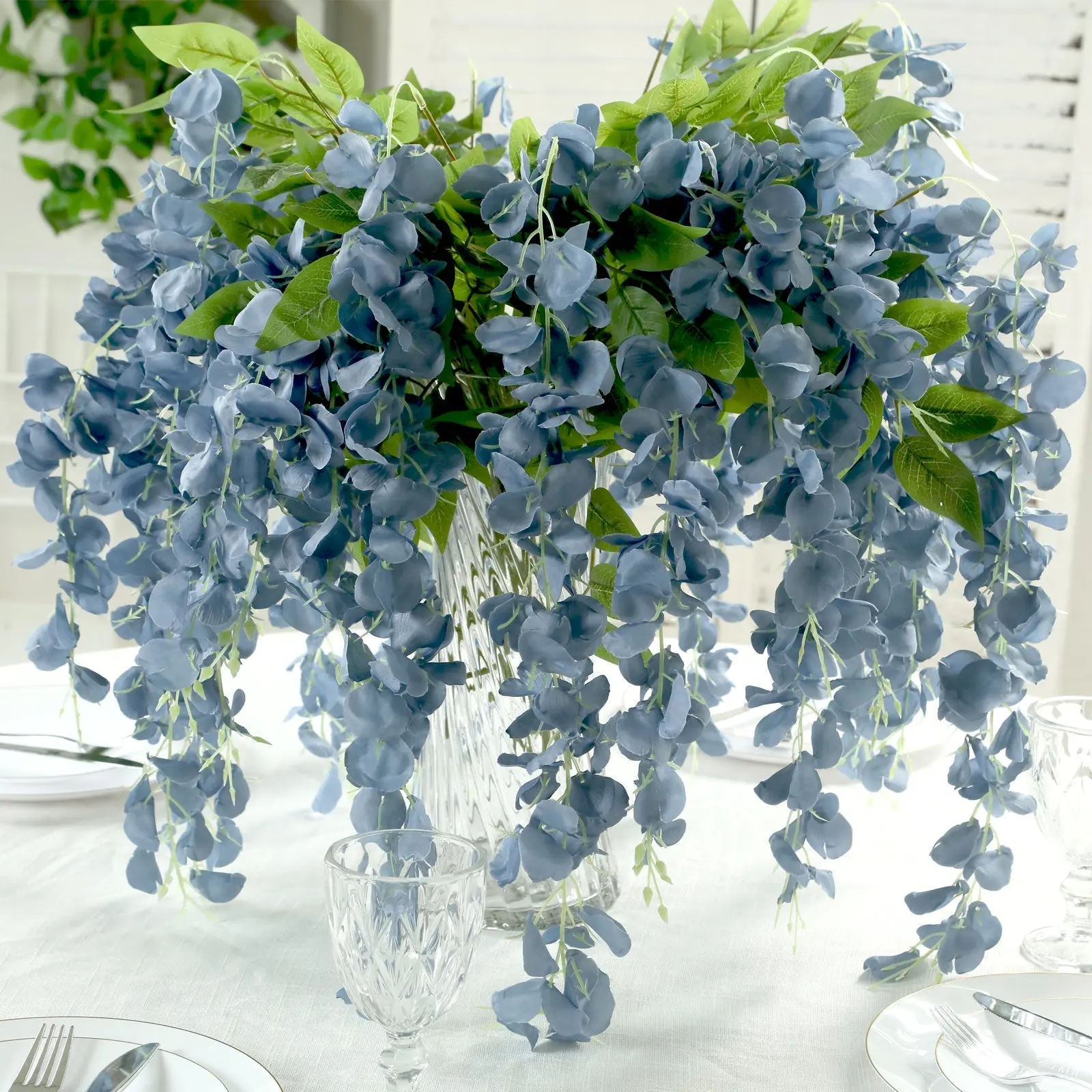 Dusty Blue Artificial Silk Hanging Wisteria Flower Garland Vines Decorative Bundle - 5 Pack Bush Shape (3 Strands per Bush), 44" Floral Decor Hanging Artificial Flowers for Indoor/Outdoor Home Ceremonies Ornaments