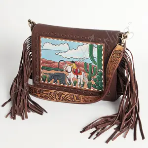 American Darling Hand Tooled Fringed Genuine Leather Small Cross body Bag Eco-Friendly Vegetable Tanned Full Grain Leather YKK Zipper