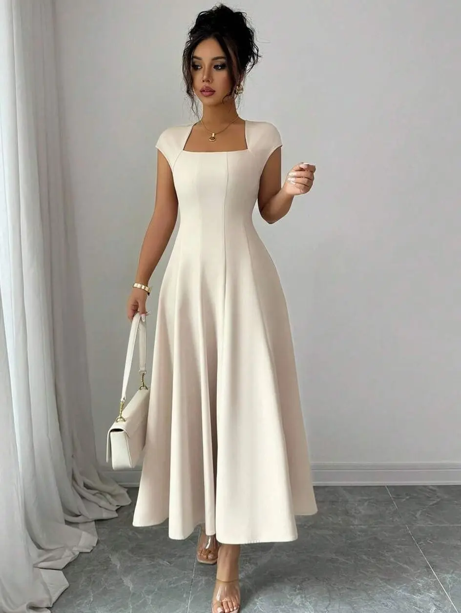 Women's Elegant Soft Pink Summer Tea Party Square Neck Cinched Waist Splice Flared A-Line Short Sleeve Midi Dress
