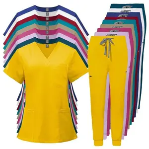 WCW- Scrubs Uniform Suit Short Sleeve V-Neck Tops & Jogger Pants Set Multicolor Women's Casual Nursing Uniform for Comfort and Work - Fitted scrubs women（gift）