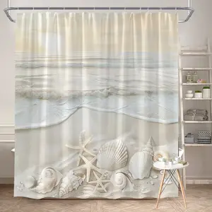 1Pc Beach Theme Shower Curtain Seashells Starfish and Ocean Waves Natural Coastal Design Polyester Fabric Bath Hanging Curtain Bathroom Decor 70.8x70.8 Inch with Hooks