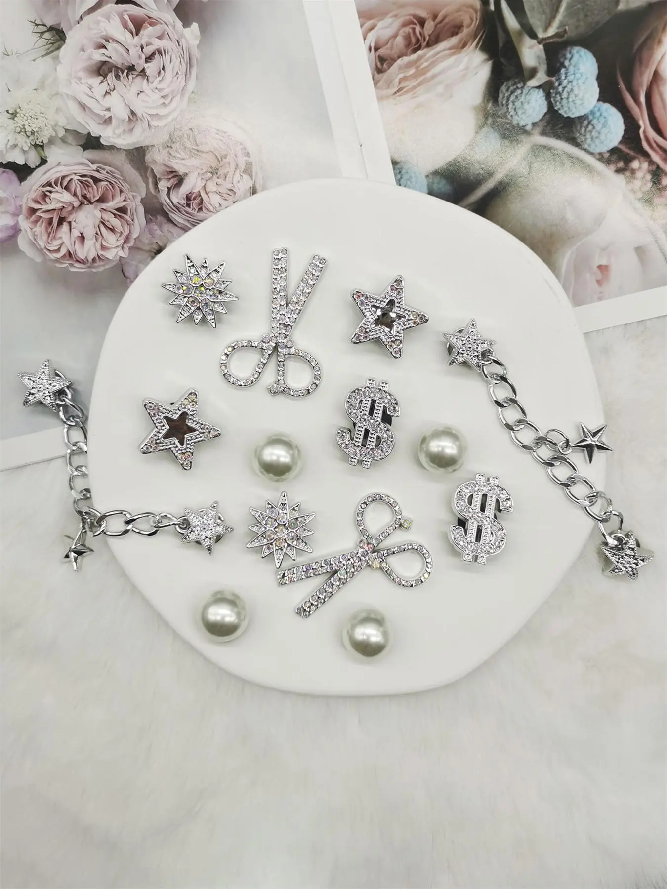 Cute Star & Chain Design Bling Shoe Charms Set, Sparkling Footwear Charms, Rhinestone Decorated Shoe Decorations, Fashionable Shoes Accessories for Women & Girls, Shoe Chains