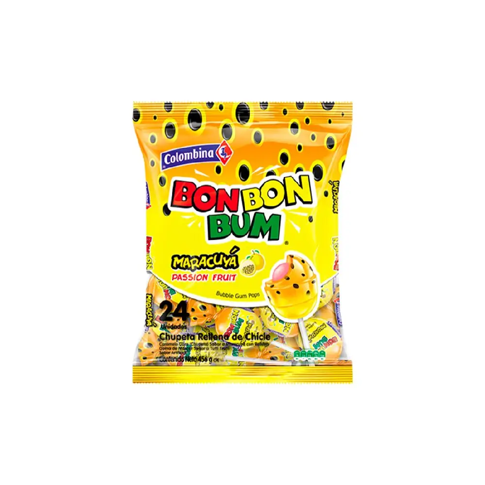 Colombina Bonbonbum Maracuva Passion Fruit Lollipops with Bubblegum Center Individually Wrapped 24 Count Pack Sour Sweet Candy for Easter Dav Chewina Gum Flavor