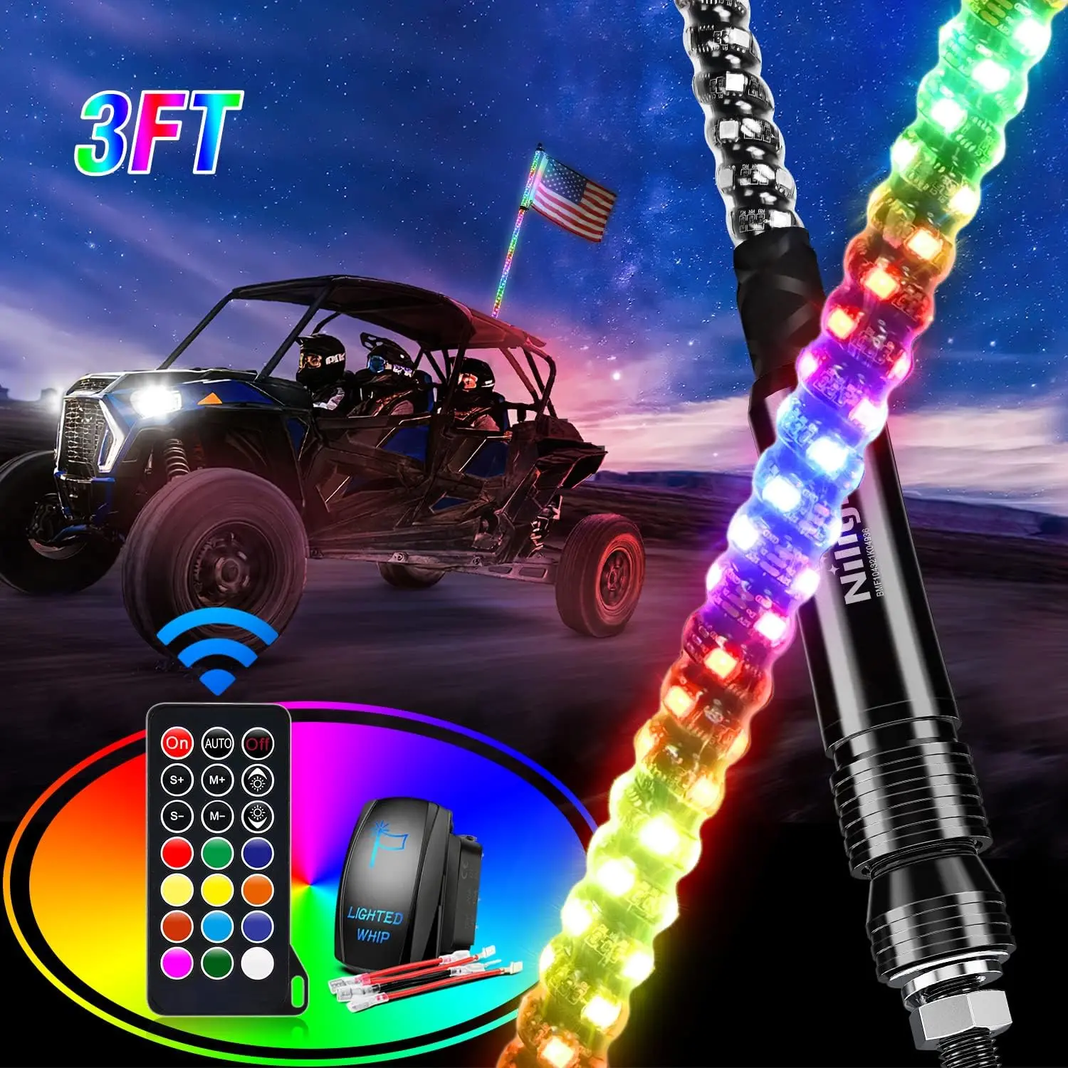 Nilight 1PC 3FT Outdoor Waterproof Spiral RGB LED Whip Light - Adjustable Brightness LED, RF Remote Control with Chasing/Dancing Modes, Offroad Antenna for Can-am ATV, Polaris UTV RZR, Led Outdoor Waterproof