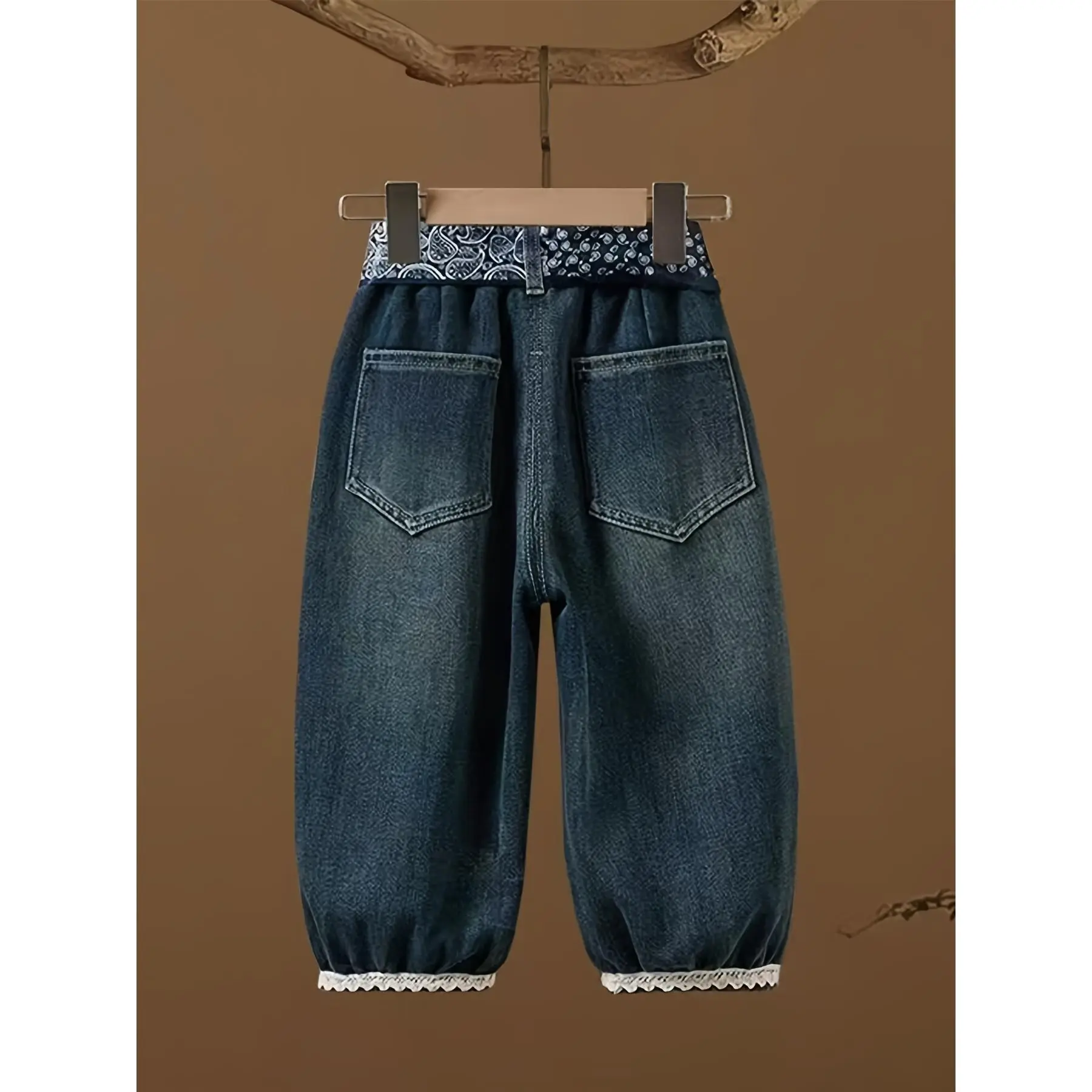 Girls' Solid Denim Jeans - Lace Cuffs, Scarf Belt, Elastic Waist, Regular Fit, Long Length Casual Clothes for Weekend Outing