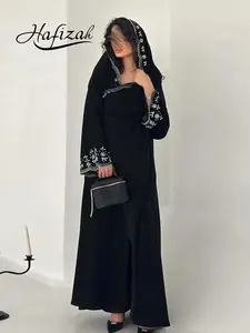 Hafizah 2026 New Modest Fashion Embroidered Outerwear Cardigan, Trendy Casual Leaf Print Long Dress with Headscarf, All Seasons