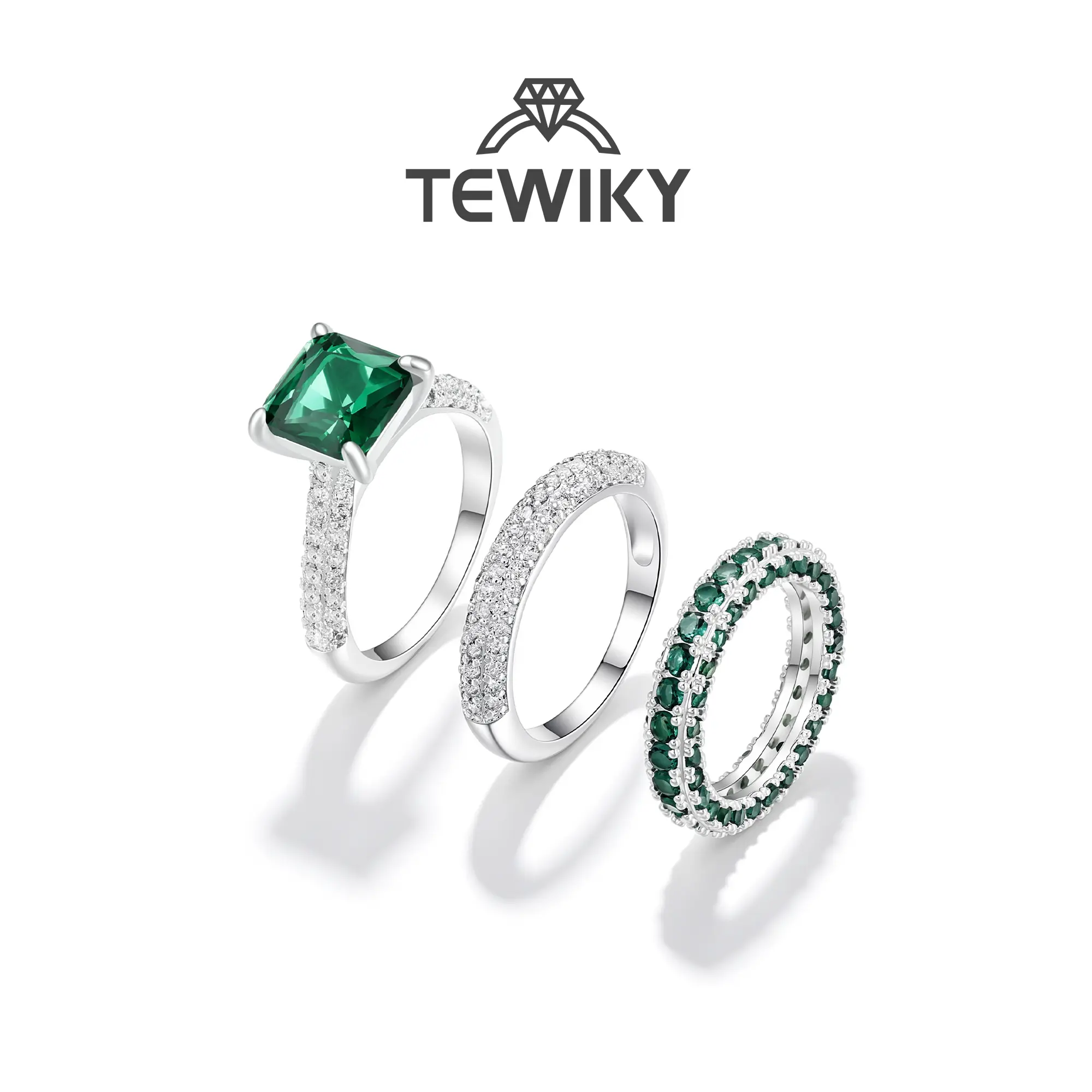 Tewiky Emerald Green Ring Set for Women Luxury Stackable CZ Rings Silver & Emerald Ring Set Fashion Jewelry Set Gifts for Girls