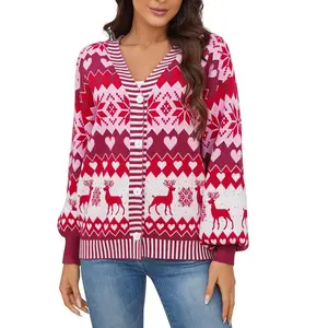 Women Christmas Sweater Cardigans with Reindeer Snowflakes Pattern Button Down Christmas Ugly Sweater Cardigan V Neck 2025 Xmas Cardigan,Red - S
