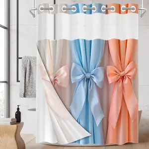 1PC/4PCS 2D Flat Printing Pink Blue Orange Bow Curtains Patterned shower curtain, home bathroom decor, shower curtain set with 12 hooks, non-slip bathroom rug, U-shaped toilet seat cover, toilet seat mat.