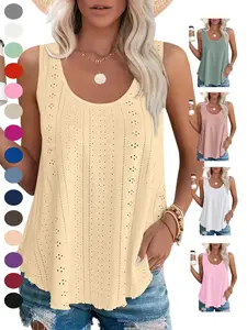 2026 Womens Basic Tank Tops Sleeveless Eyelet Embroidery Scoop Neck Loose Fit Casual Fall Flowy