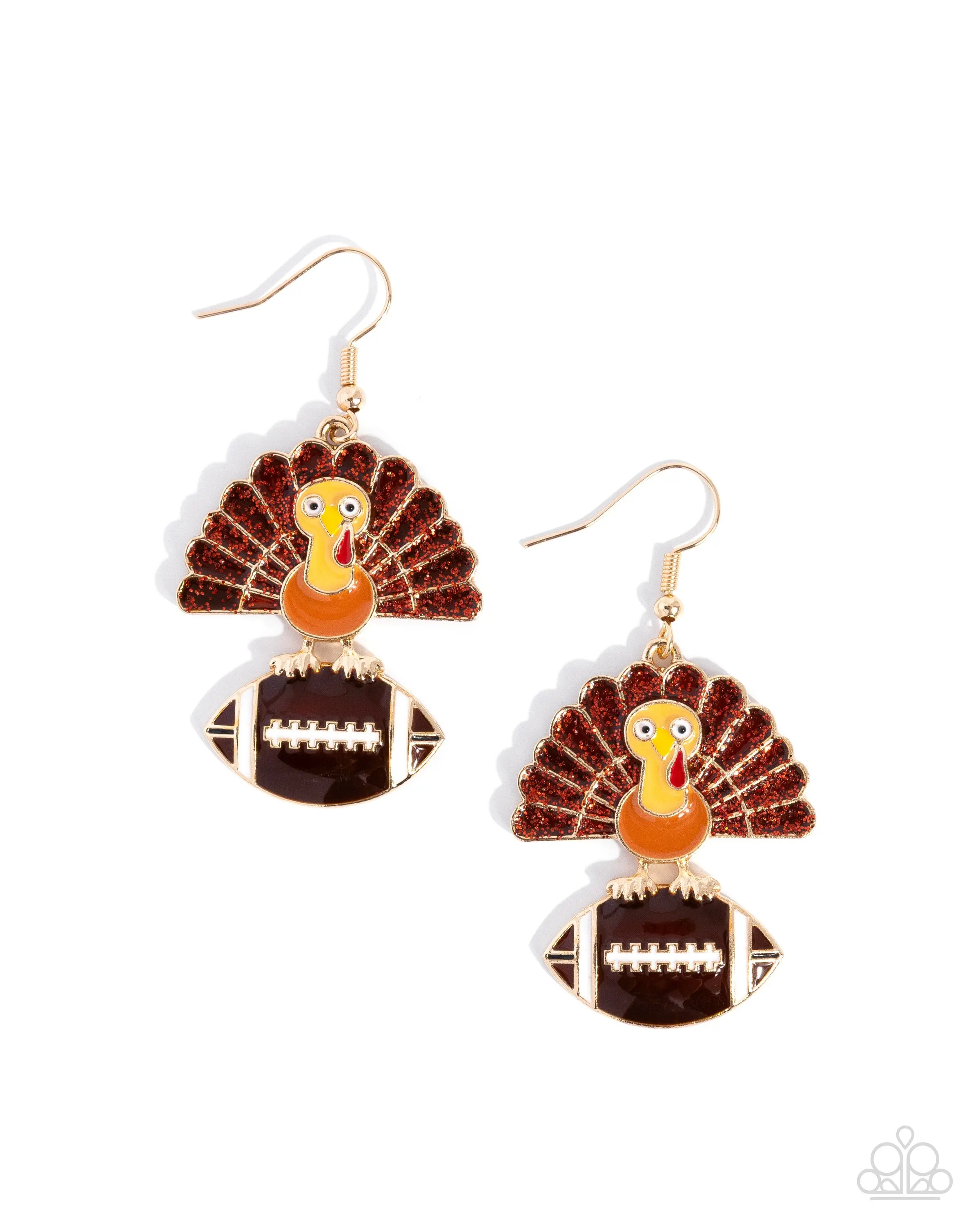 Turkey Bowl - Brown Football Gold Turkey Thanksgiving Earrings - Paparazzi