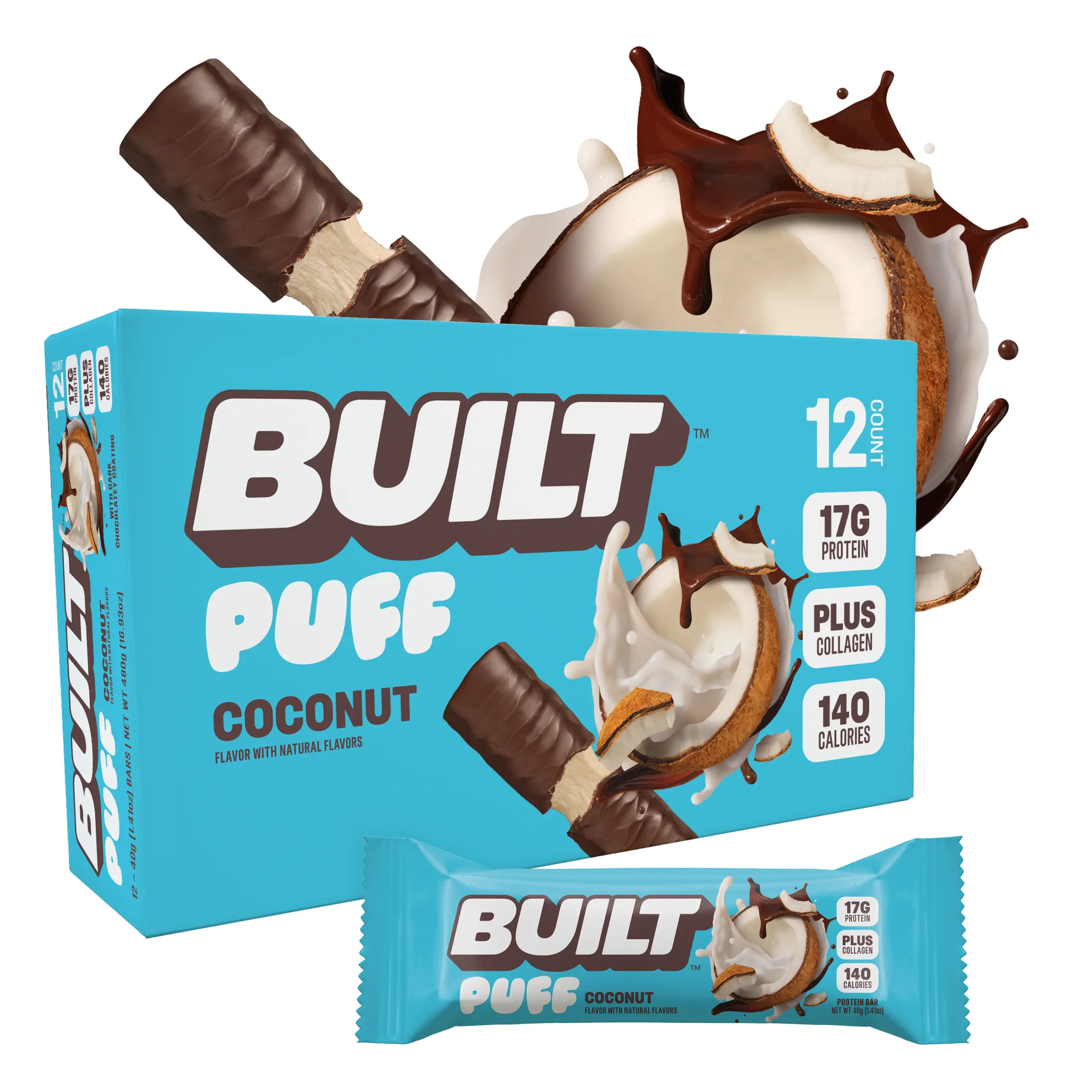 Official BUILT Bar, Puff Protein Bar Snacks, Coconut Puff, 17g Protein, 140 calories, Collagen, Gluten Free, Protein Packed Snack