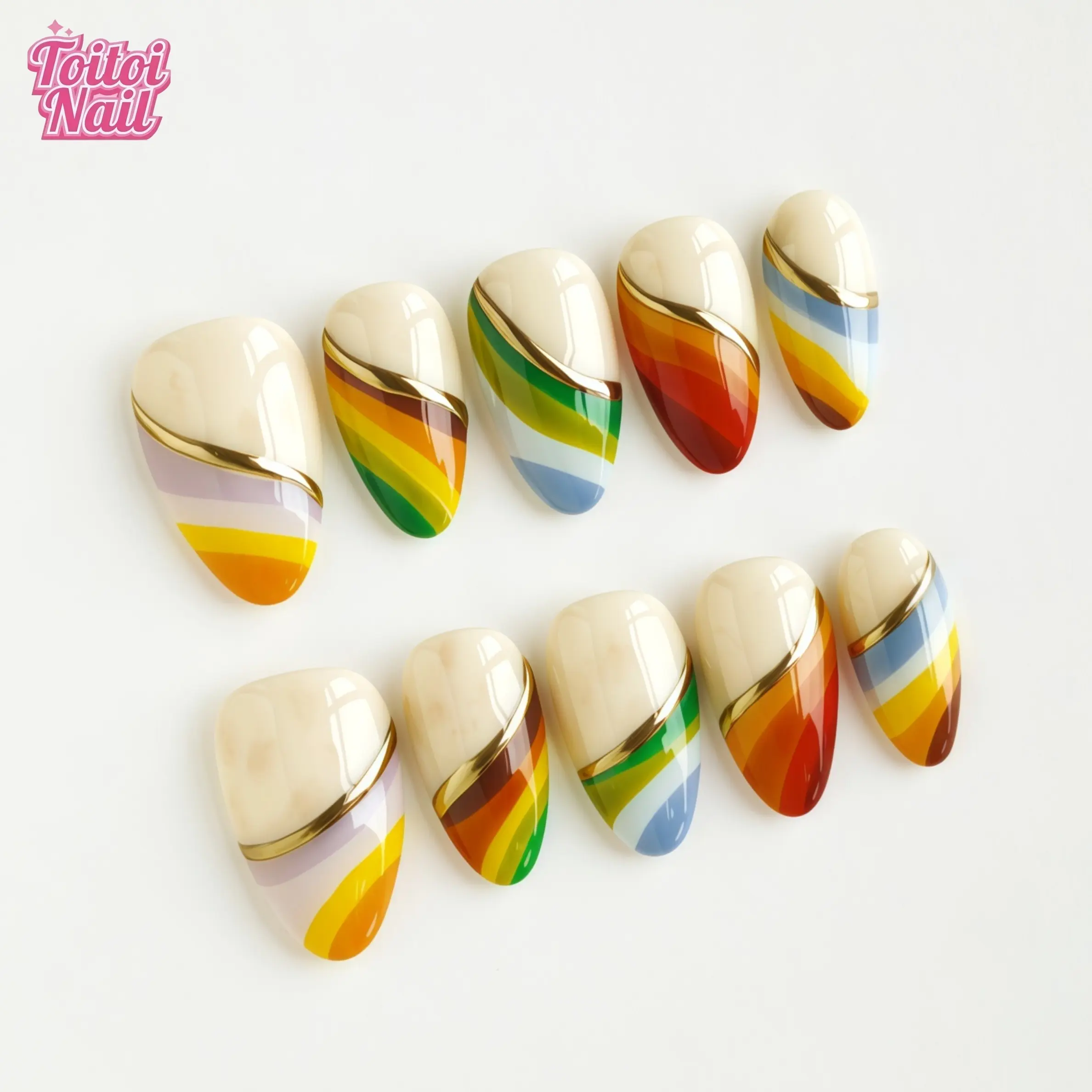 Rainbow Line Handmade Press-On Nails, Decorative Nails, Diy Fake Nails, Medium Almond Shape, 10pcs, Rainbow Swirl Design, Cream Nude Base & Multi-color Gradient & Gold Metal Line, Reusable DIY Nail Kit for Women, Nails for Spring, Summer