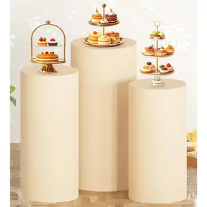 Set of 3 Beige Spandex Cylinder Pedestal Cover Elastic Round Pillar Plinth Stand Cover for Wedding Reception Dessert Table Decor