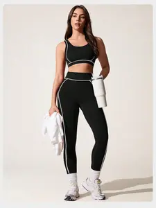 Women Seamless Workout 2-Piece Set, High Support Sports Bra & High Waist Butt Lifting Leggings, White Contrast Stitching, Stretchy & Breathable, for Yoga, Cycling, Gymnastics & Fitness