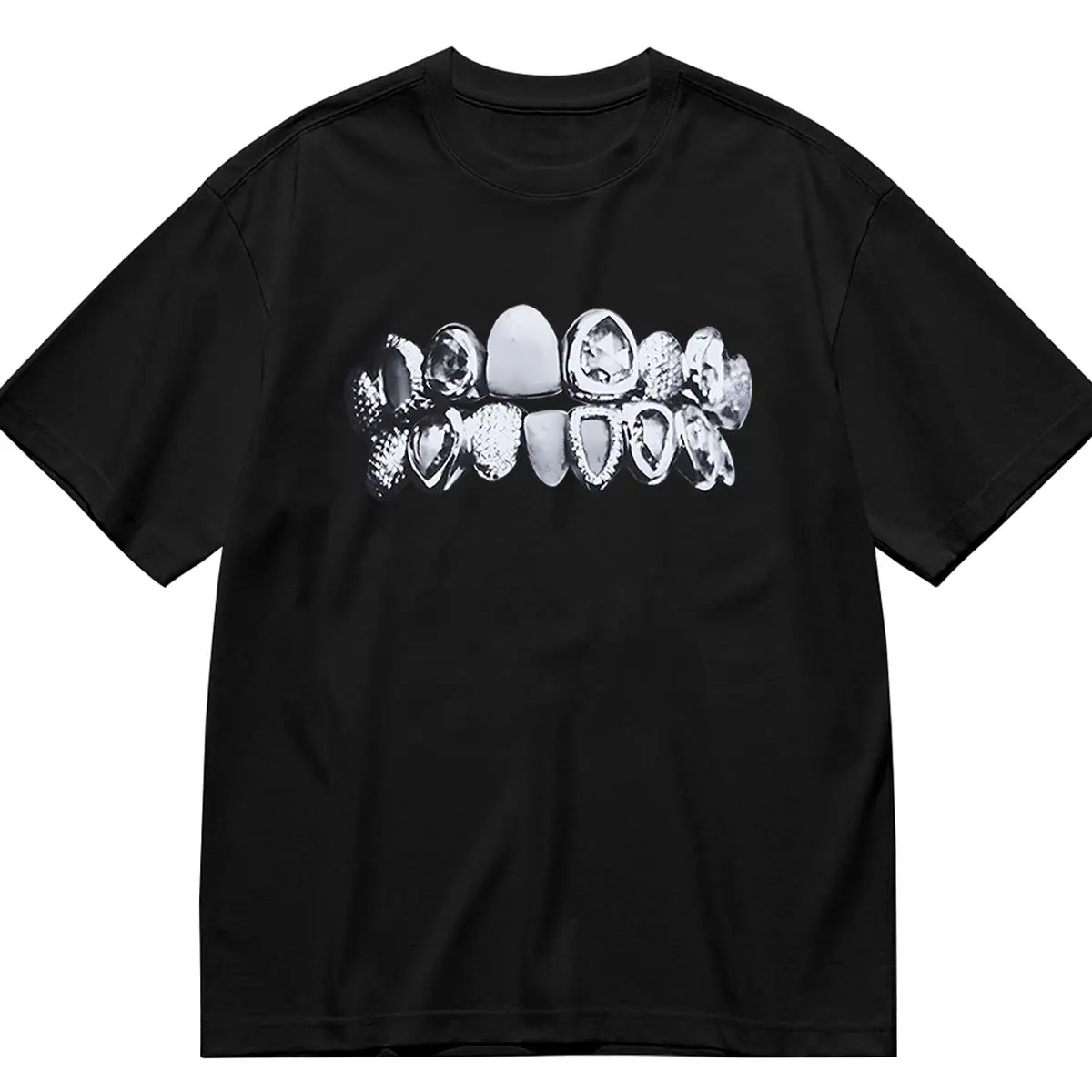 Men's Acid-Washed Black T-Shirt, Classic Oversized Fit with Diamond Teeth Graphic, 100% Cotton Alternative Style Streetwear Top, Acid-Washed T-Shirts Black, Valentines Day, Good Graphic Tees, Not Peel Off, Print, Shortsleeve, Soft, Casual Fit, Graphic Pri