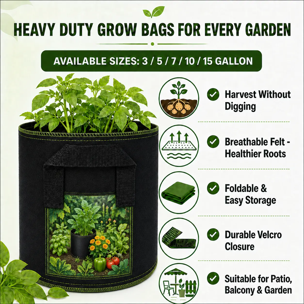 5 Pack Heavy Duty Grow Bags – 3 to 15 Gallon Fabric Pots with Handles, Breathable Nonwoven Planter Bags for Vegetables and Flowers