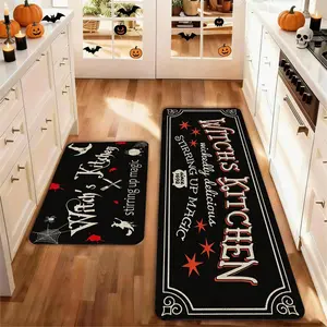 Set of 2Halloween Kitchen Mats, Bat Pumpkin Broom Ghost Design, Non-Slip Low Profile, Halloween Farm Party Floor Mat, Home Kitchen Decor