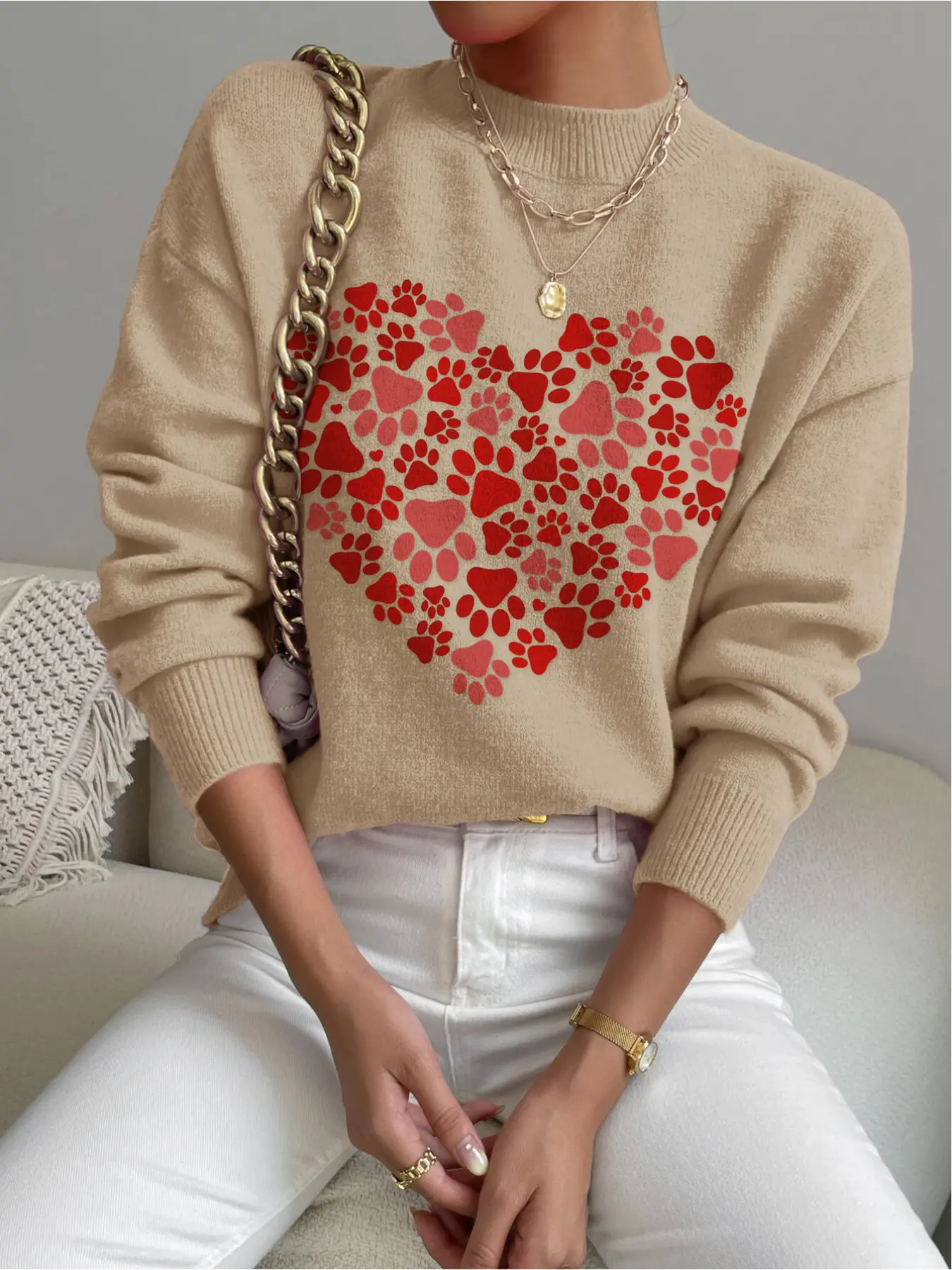 Women's Valentine's Day Heart Print Stand Collar Sweater, Casual Long Sleeve Knitwear for Fall Winter, Comfortable Warm Daily Wear