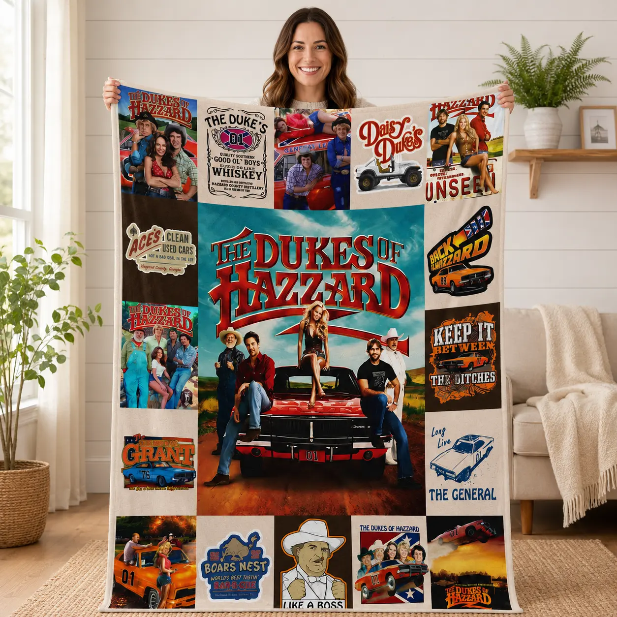 The Dukes Of Hazzard Flannel Blanket, General Lee 01 Classic TV Show Collage Throw Blanket, Daisy Duke Boars Nest Southern Country Soft Cozy Blanket For Couch Bed Sofa Man Cave Decor Gift