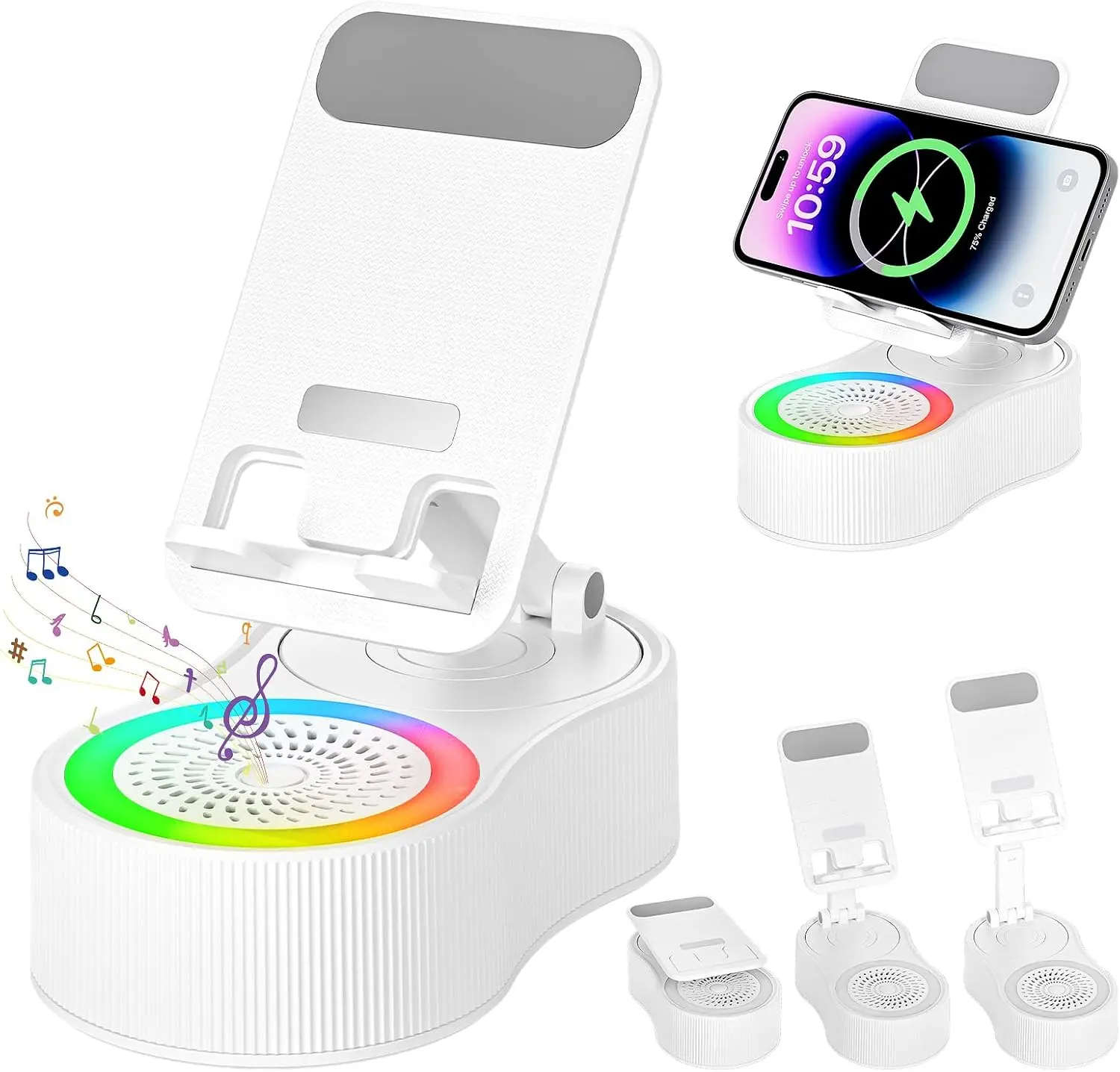 Cell Phone Stand with Bluetooth Speaker - Wireless Bluetooth Speaker with 360° Rotatable Phone Holder, Multifunctional Adjustable Stand with Charging Compatible with Tablet for Home Desk (White)