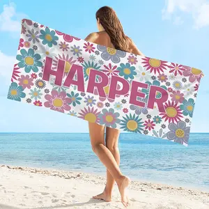 Personalized Custom Microfiber Beach Towel with Name and Floral Print for Swimming Sports and Bath Use