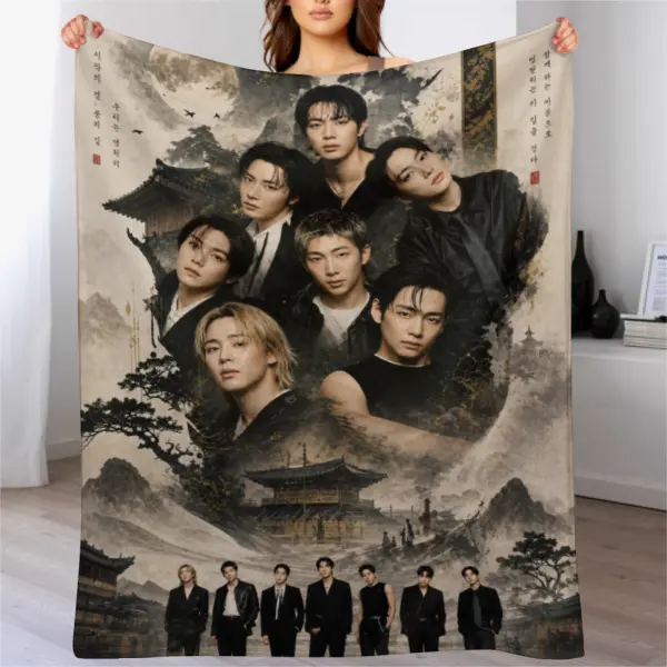 Kpop Members Photo Collage Blanket, Korean Style Portrait Throw Blanket, Vintage Landscape Art Fleece Blanket, Soft Plush Blanket for Sofa Bed Couch, Fan Room Decor Gift