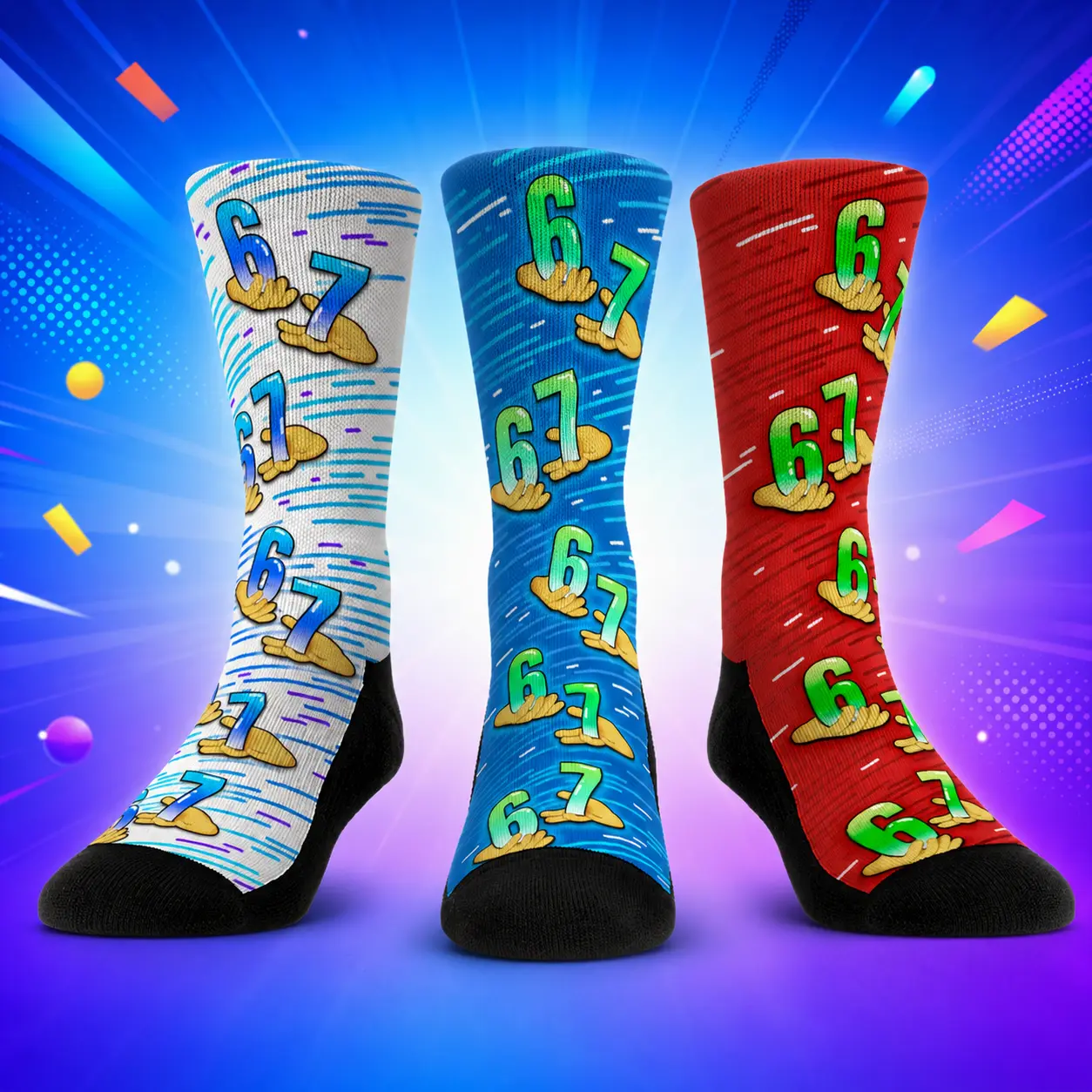 6-7 Six Seven Viral Meme Gen Alpha Brainrot Fun Socks Kids Adult - Vibrant Bright Graphics Crew Mid Calf Socks