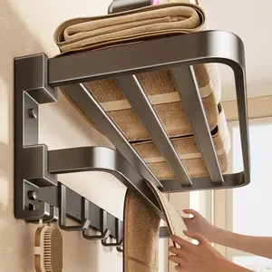 Gunmetal Gray Series Light Luxury Style No-Drill Bathroom Shelf Integrated Hanging Storage Unit for Bathroom Storage 50cm Folding Towel Rack
