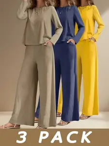 6pcs/3 Sets Fashionable Casual Long Sleeved Spring And Autumn Women'S Set, Solid Color Long Sleeved Top+solid Color Long Pants Set, Suitable For Daily Wear And Vacation In Spring And Autumn two piece outfits