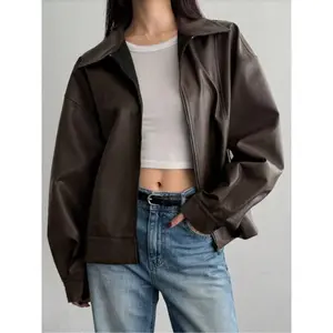 Unisex casual large-collar zip-up motorcycle jacket, synthetic leather bicycle jacket, fashionable men’s and women’s jacket