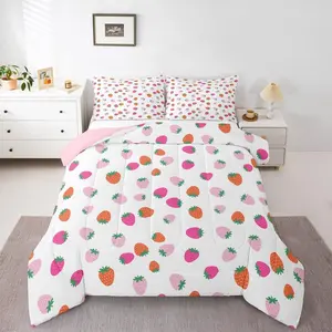 Pink Strawberry Duvet Quilt Kawaii Strawberries Bedding Set for Kids Boys Girls Teens Colorful Room Decor Cute Fruit Comforter Set Breathable Soft Lightweight Microfiber