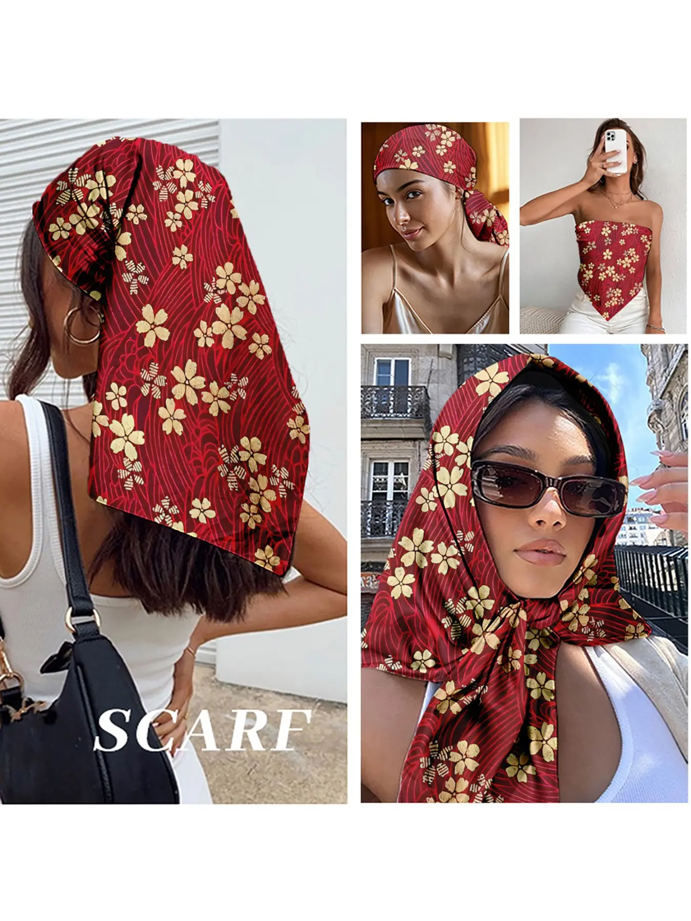 Japanese Cherry Blossom Satin Scarf, Floral Print Silk-Like Headscarf, Multi-Use Hair Accessory for Women, Spring Festival