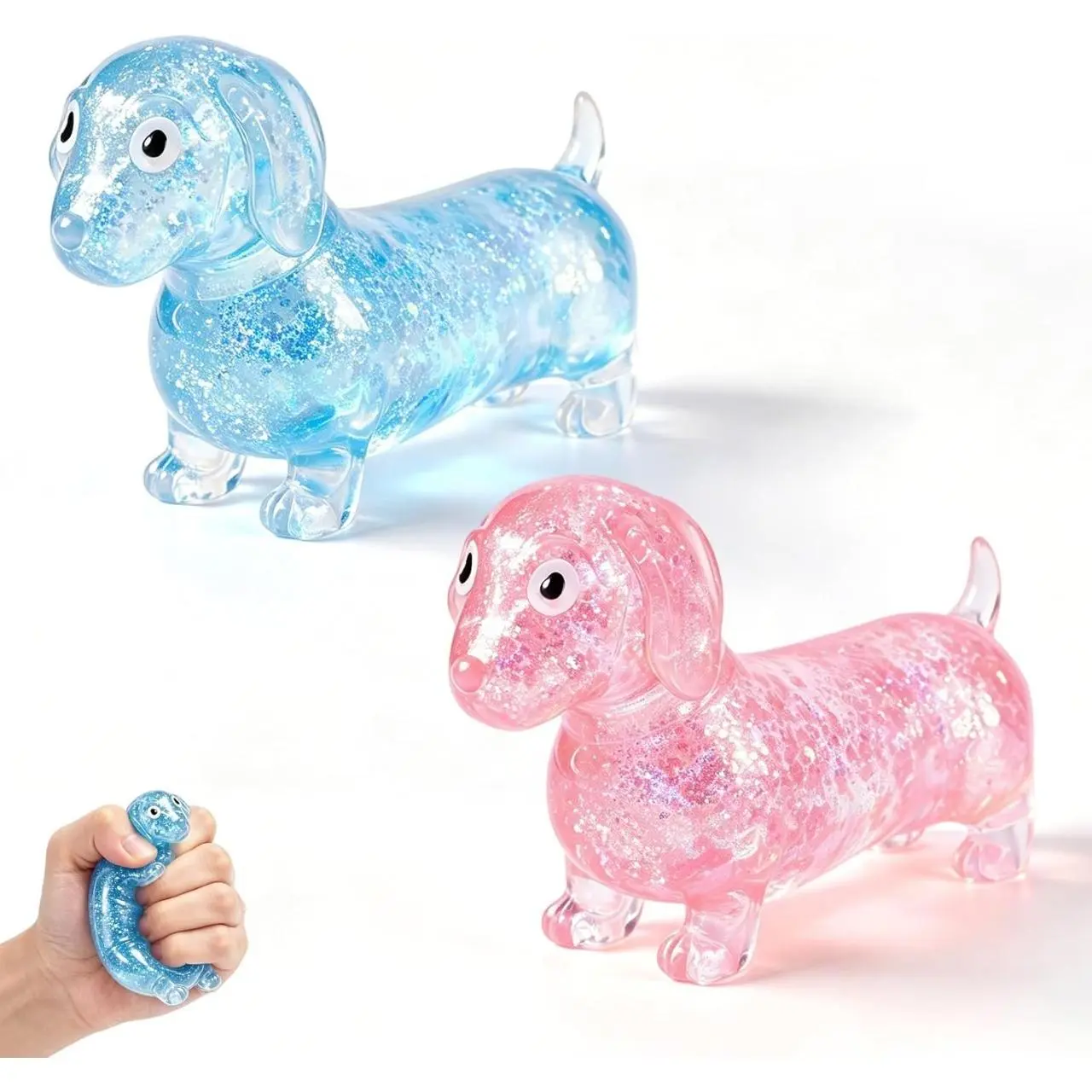 4 Pcs Sparkly Dachshund Gel Stretch Balls - Upgraded Cute Mini Sausage Dog Squeeze Stress Relief Squishies, Moldable Sensory Fidgets, Animal & Cute Squishy Stress Relief Toys for Kids, Dachshund Design