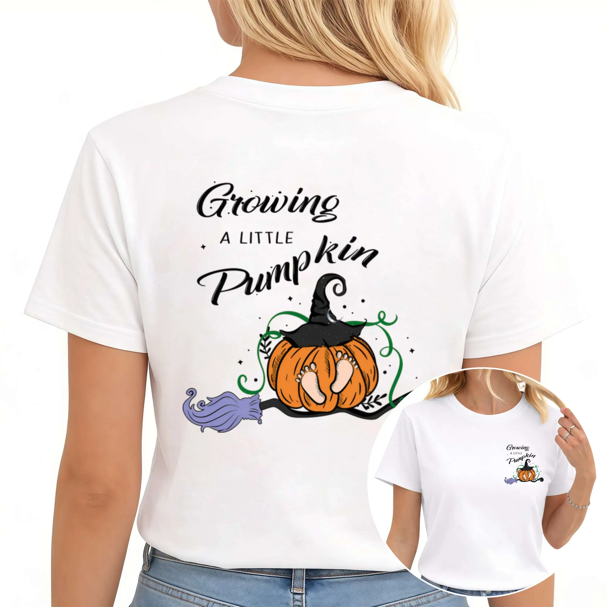 Women's Maternity "Growing a Little Pumpkin" T-Shirt - Witch Hat & Broom Print Suitable for Pregnancy, Short Sleeve Crew Neck Top with Double-Sided Pumpkin, Relaxed Fit for Fall, Halloween & Thanksgiving Parties, Shower Outfits