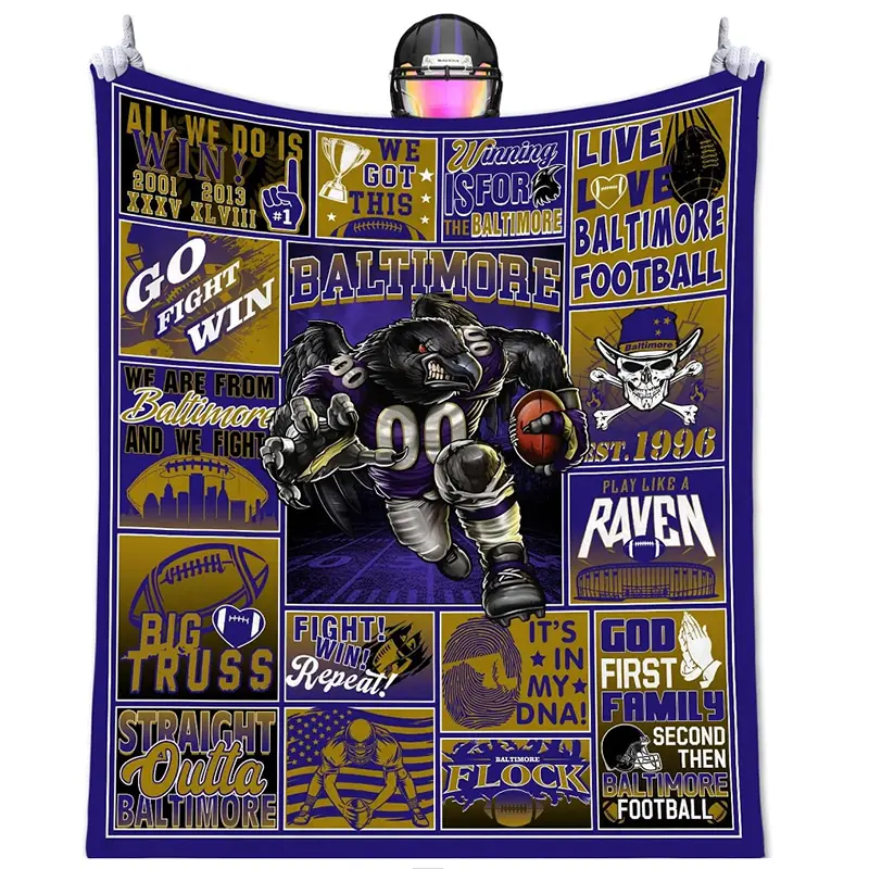 Baltimore Team Oversized Flannel Throw Blanket - Soft Polyester, Contemporary Digital Print, All-Season Use, Machine Washable , Purple & Golden Fan Gift, Bedroom Blanket Throws, Oversized Blanket Throws
