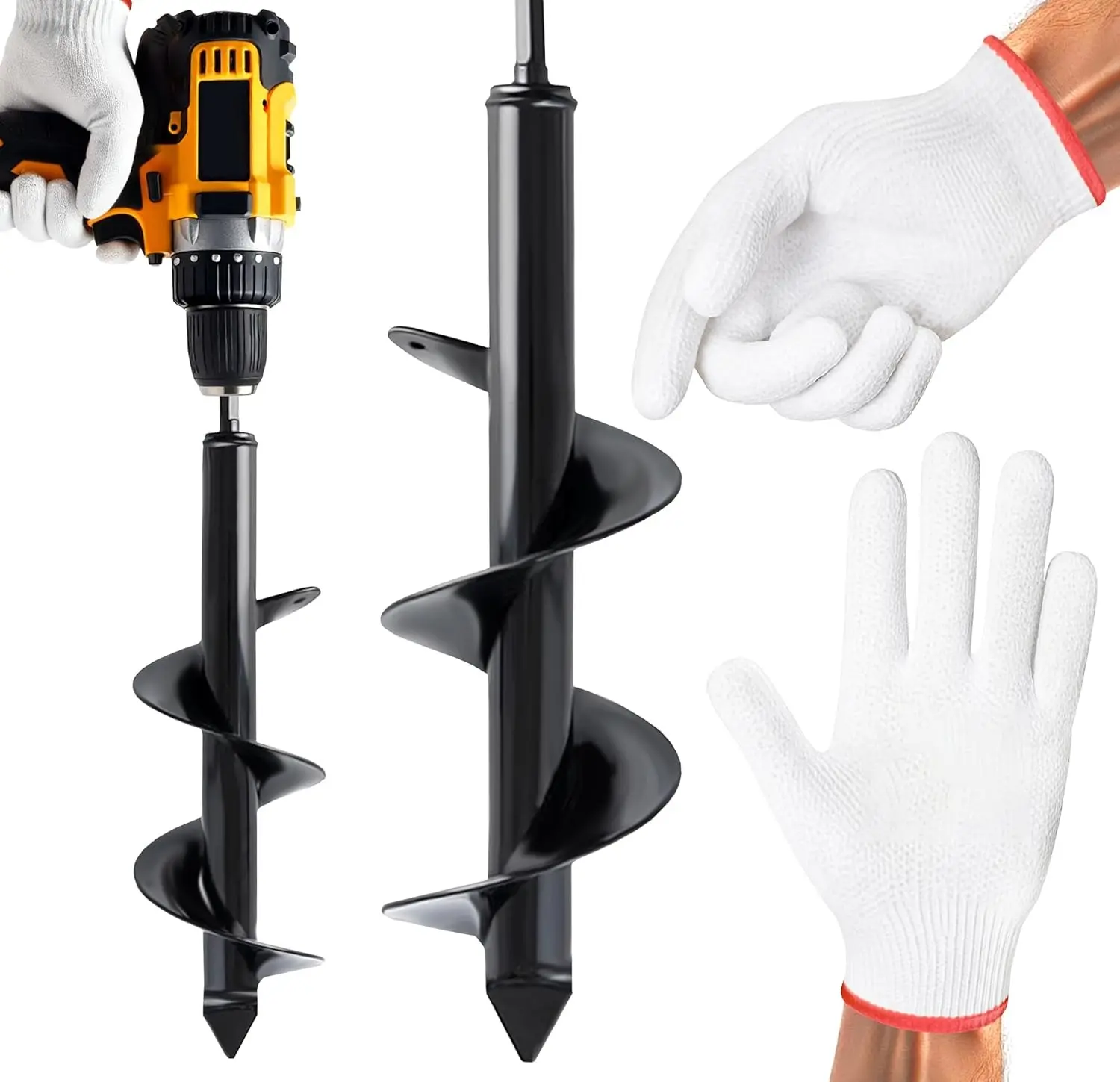 Post Hole Diggers, 1pk Auger Drill Bit for Planting with Gloves (4 x 12 Inch) - Heavy Duty Garden Spiral and Bulb Planter Tool for Digging Holes - Compatible with 3/8 Inch Hex Drive