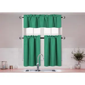 3 Pieces Solid Color Kitchen Curtain Set Tier and Valence with Rod Pocket Microfiber 100% Sunlight Blackout Drapes Window Treatment New (Teal)