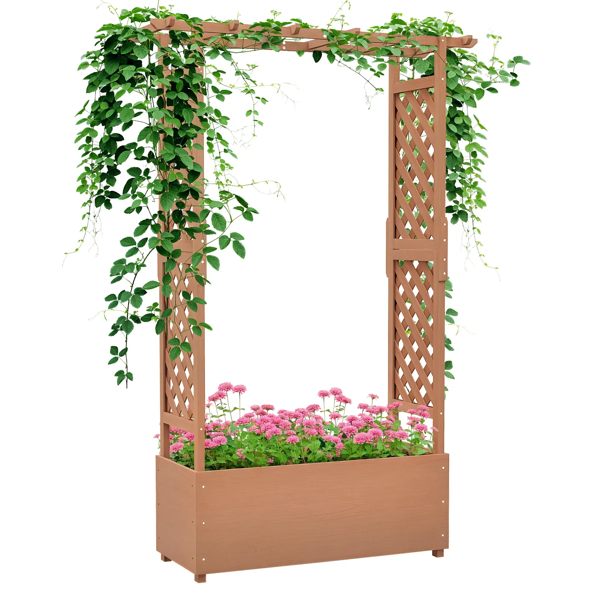 Outdoor Wood Raised Garden Bed with Trellises, Roof, Drainage System and Filter - 70.75" Tall Planter Box for Climbing Vines, Hanging Flowers
