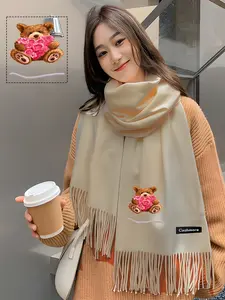 Brown bear holding a bouquet of pink roses - fashionable women's scarf, shawl, elegant scarf.