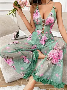 Two-Piece Transparent Sleepwear Set, Cute Comfortable Soft Floral Party Style, Sleeveless Fitted Design, All Seasons Wear