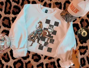 Checkered Cowboy TEE, vintage crewneck western women's graphic tees, western clothing, women’s clothes, country western tops, western stuff, cowgirl stuff, western tops clothes, western outfits women, country concert outfits Summer clothes