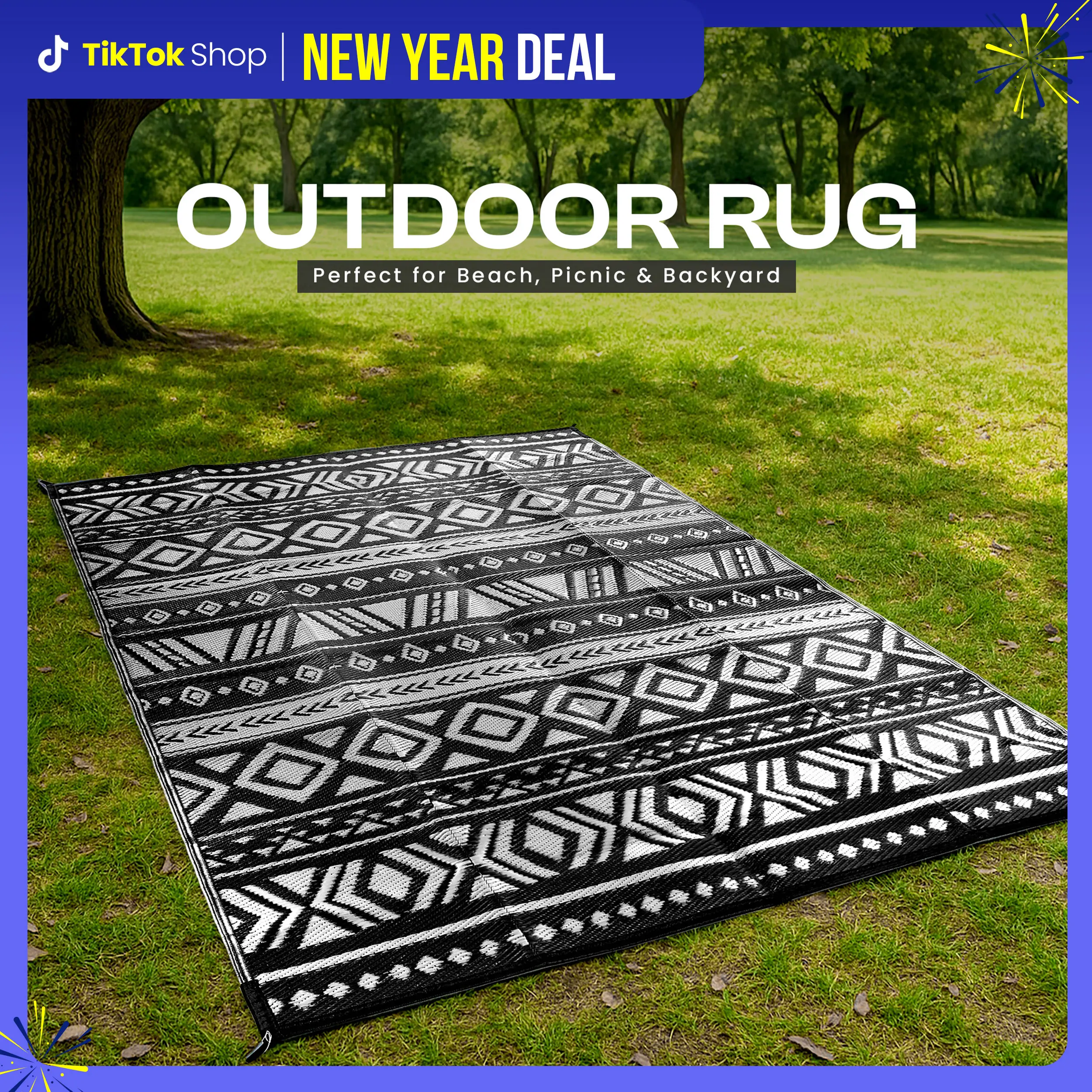 Utopia Home Waterproof Plastic Straw Outdoor Rug - All-Weather Bi-Color Reversible Rug for Patio/Camping Outdoor Areas, 6x9ft & 9x12ft Sizes in Black & White, Grey, Navy - Diamond Aztec Decor Piece