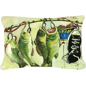 212 MAIN Artistic Decorative Polyester Fabric Pillow - Unique Fishing-Themed Recession Food Fish Caught With Spam Design, Fade-Resistant, Suitable for Indoor/Outdoor Use