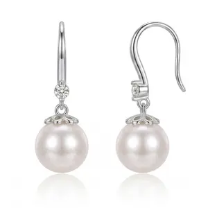 925 Silver Plated Pearl Drop Earrings for Women, Dangle Earrings with Zircon, Dainty Pearl Jewelry Gift