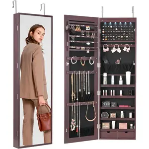 VEVOR Mirror Jewelry Cabinet, 47.2-Inch Tall Lockable Jewelry Armoire with Full-Length Mirror, Wall/Door Mounted Organizer with LED Lights and Velvet Lining, Brown
