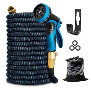 50 ft Expandable Garden Hose, Water Hose for Outside with 10 Spray Nozzles, Brass Connector, Leak-Proof, Blue
