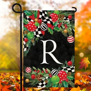 Letter Initial Garden Flag, Family Name Yard Banner, 12.5x18 Inch Dual-Sided Print, Holiday Outdoor Decoration, Christmas Holly Design